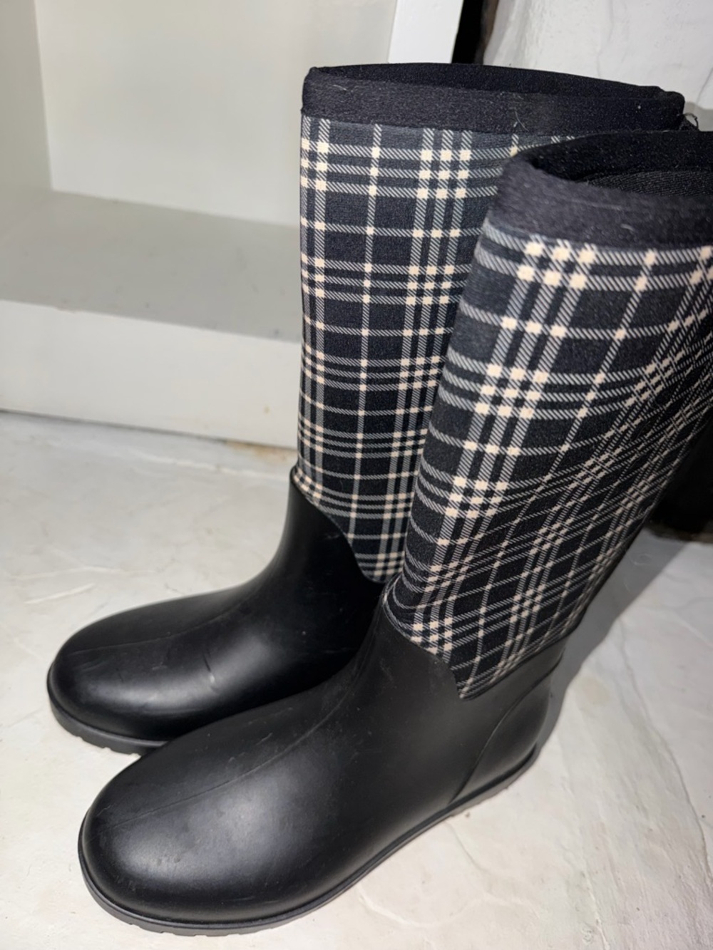 Plaid Tall Rain Boots in Black and Cream